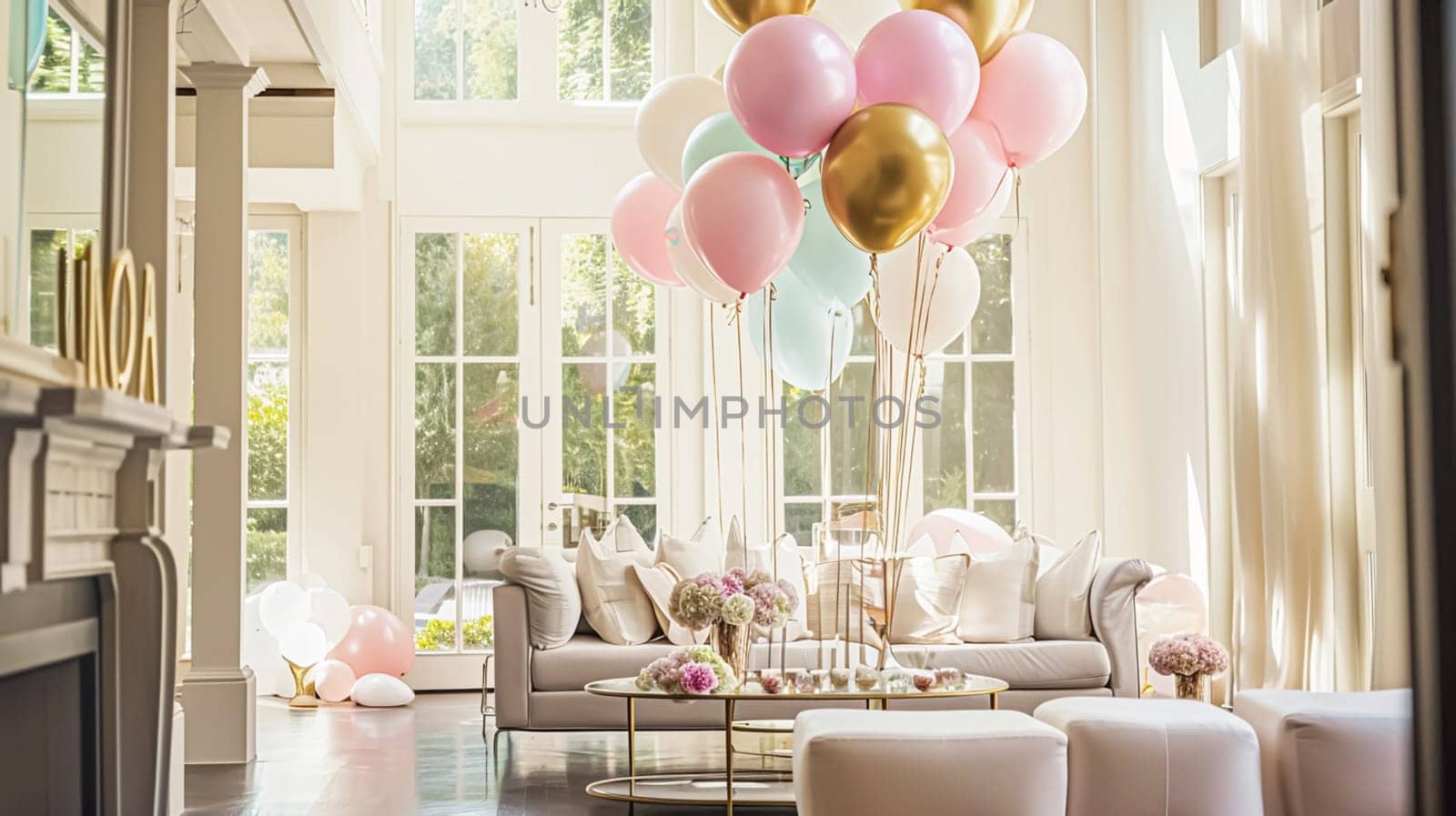 Birthday table decoration with sweets, flowers, candles and pink balloons. Selective focus