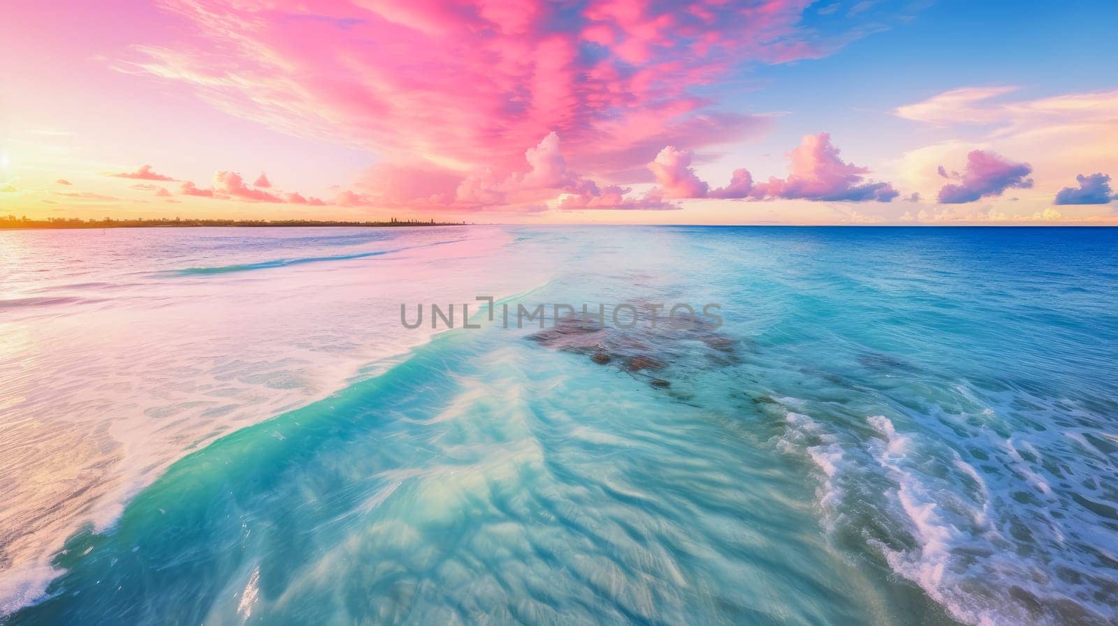 Summer seascape beautiful waves, blue sea water in sunny day. Top view from drone. Sea aerial view, amazing tropical nature background. Beautiful bright sea with waves splashing and beach sand concept.