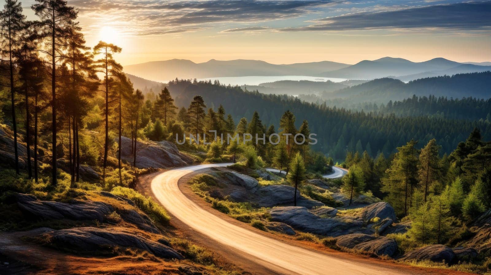 Automobile road among the forest, sea and rocks. Beautiful landscape, picture, phone screensaver, copy space, advertising, travel agency, tourism, solitude with nature, without people