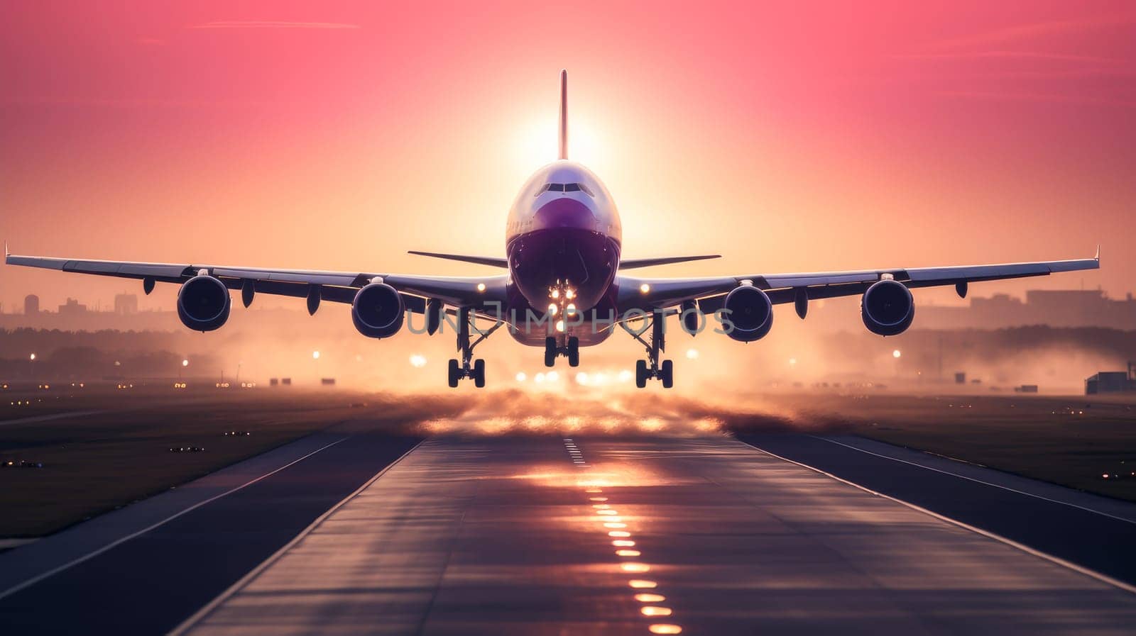 A passenger plane flying in the colorful sky. Aircraft takes off from the airport runway during the sunset. Beautiful landscape, picture, phone screensaver, copy space, advertising, travel agency, tourism, solitude with nature, without people