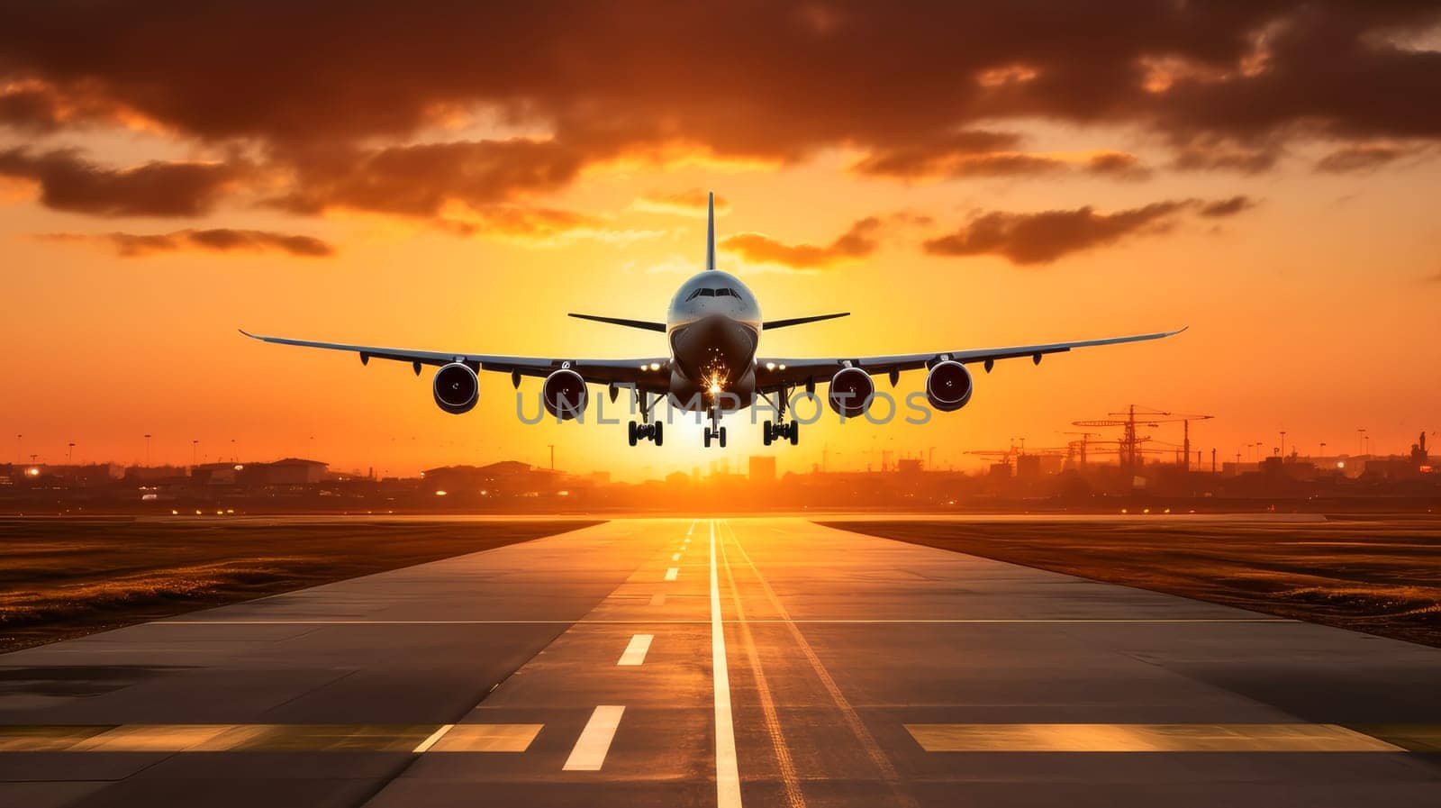 A passenger plane flying in the colorful sky. Aircraft takes off from the airport runway during the sunset. by Alla_Yurtayeva