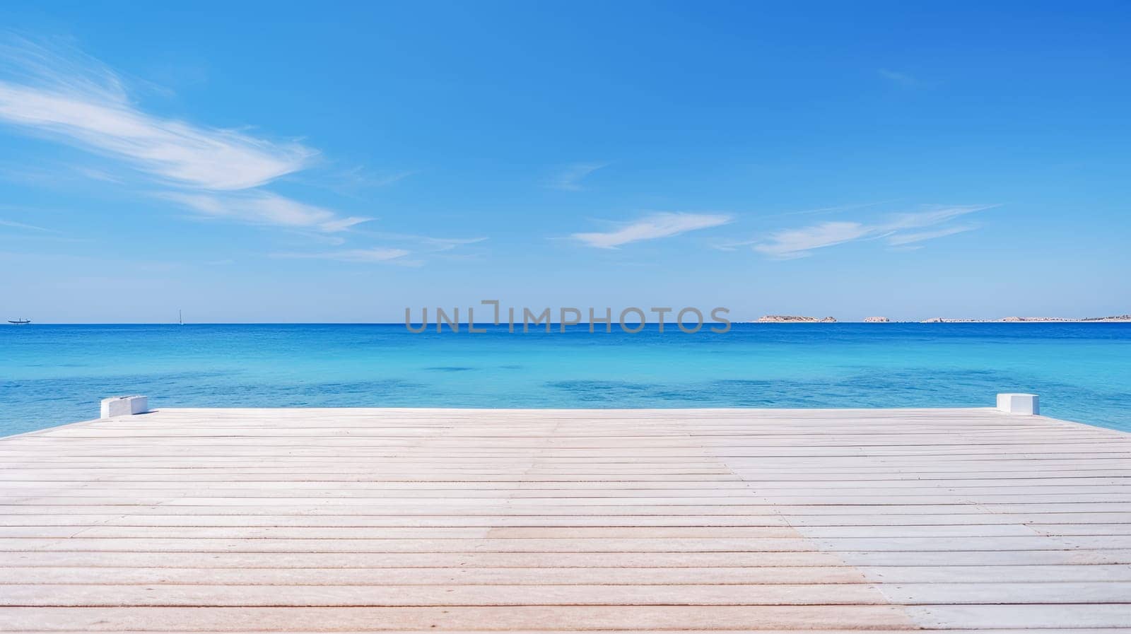 Beautiful beach with a wooden pier and azure water in the Maldives, islands. Beautiful landscape, picture, phone screensaver, copy space, advertising, travel agency, tourism, solitude with nature, without people