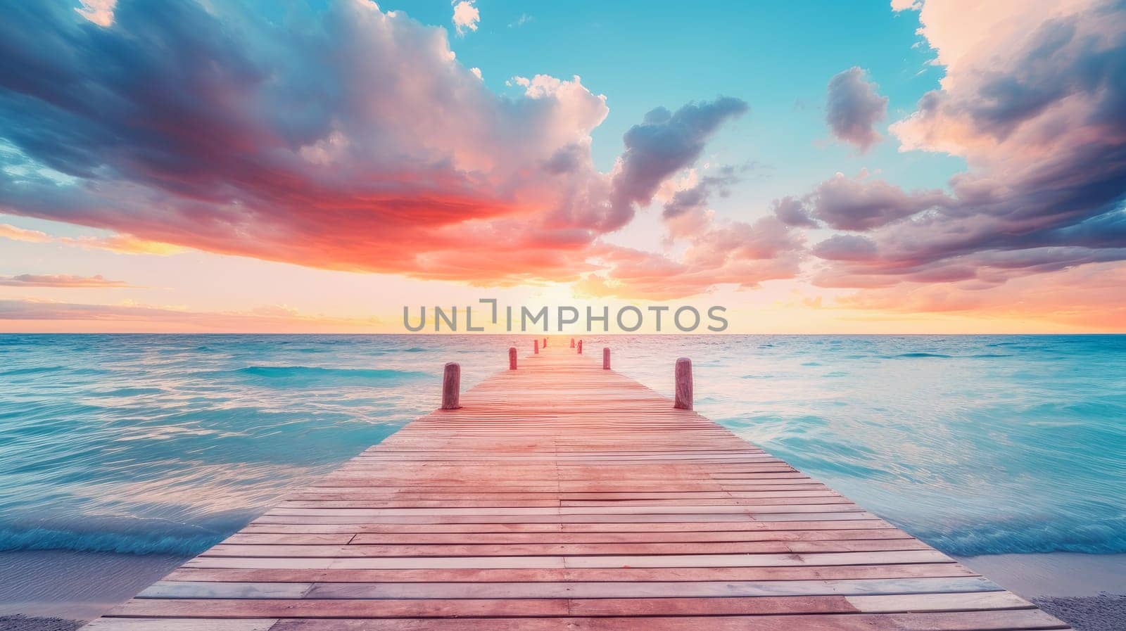 Beautiful beach with a wooden pier and azure water in the Maldives, islands. Beautiful landscape, picture, phone screensaver, copy space, advertising, travel agency, tourism, solitude with nature, without people