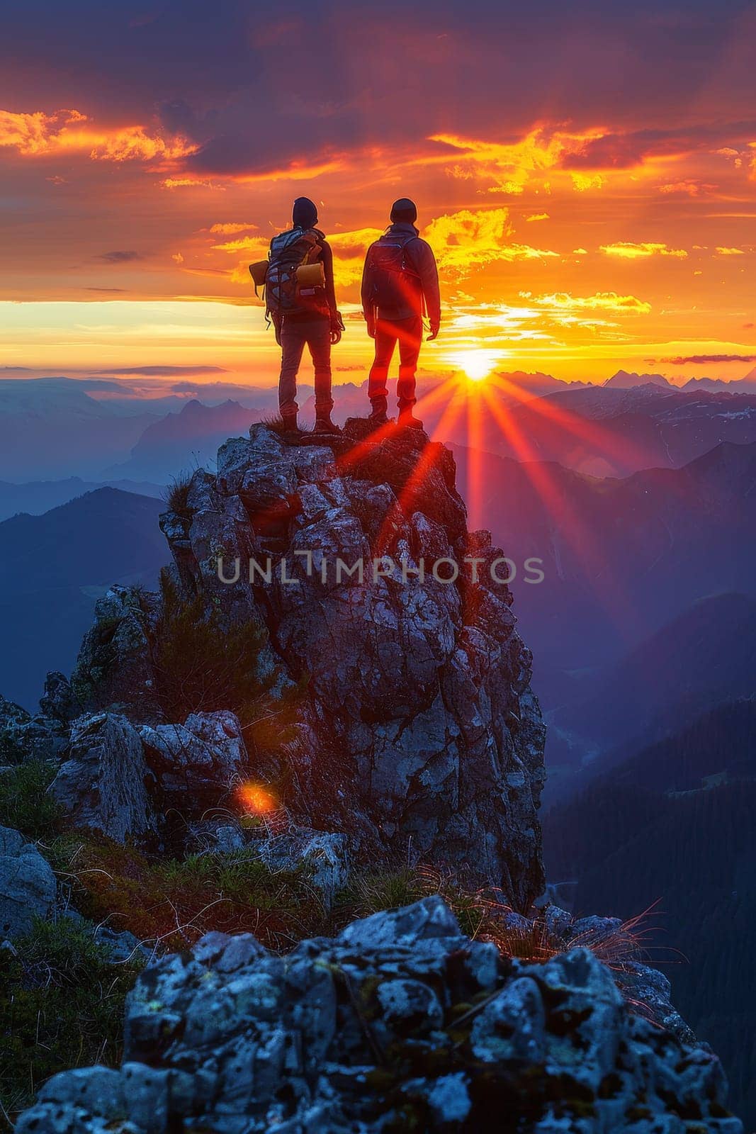 Two people are standing on a mountain peak, one of them is holding a camera by AI generated image by wichayada