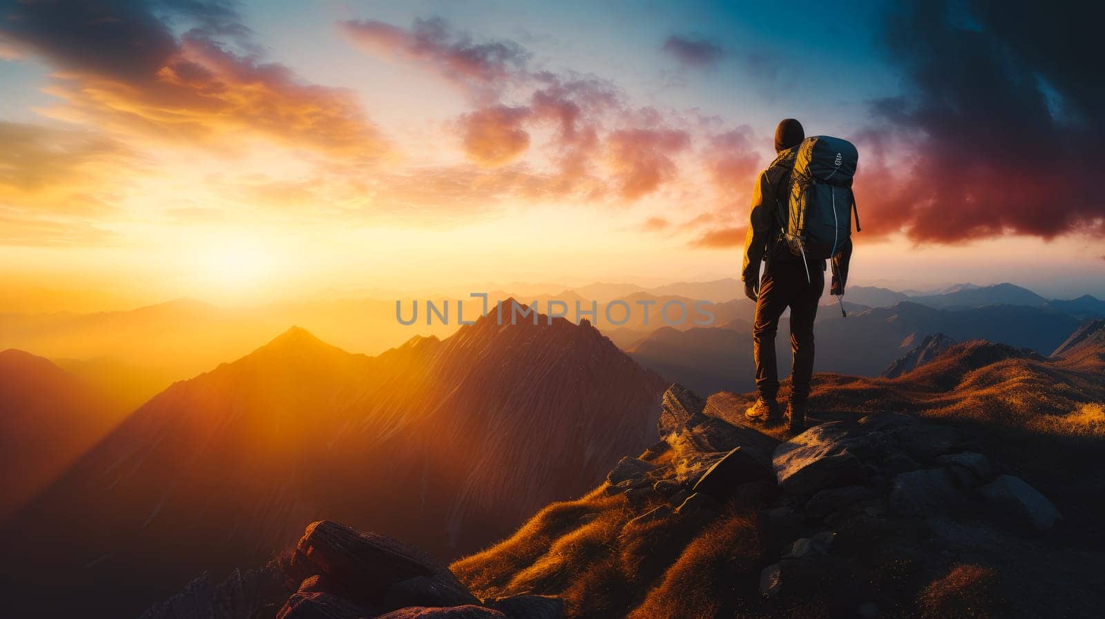 A man high in the mountains enjoys a beautiful view, landscape. Beautiful landscape, picture, phone screensaver, copy space, advertising, travel agency, tourism, solitude with nature