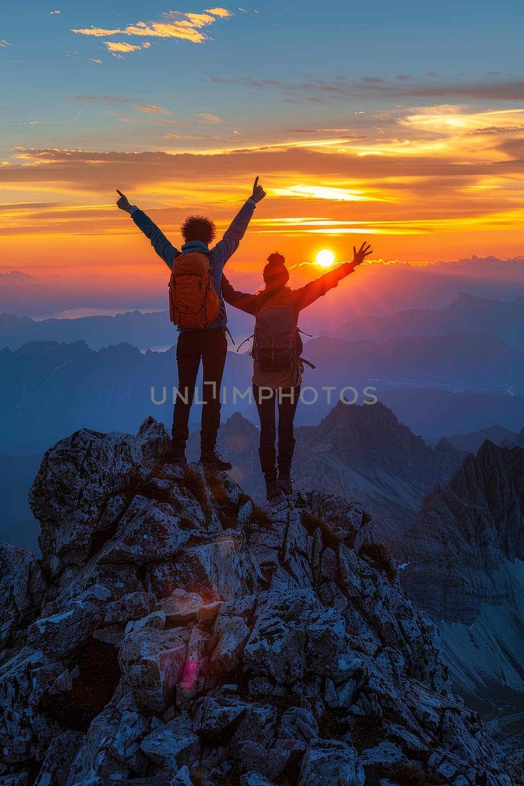 Two people are standing on a mountain peak, one of them is holding a camera by AI generated image.
