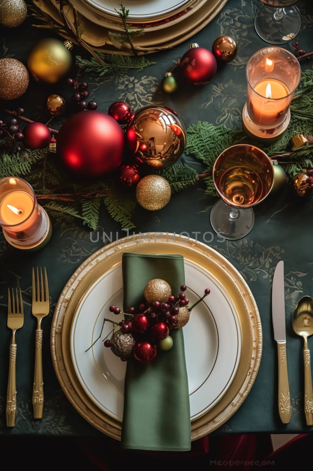 Christmas table scape, elegant formal dinner table setting, tablescape with holiday decoration for party event celebration, generative ai by Anneleven
