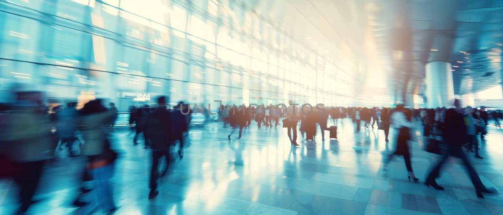 A busy airport with people walking around and carrying luggage by AI generated image by wichayada