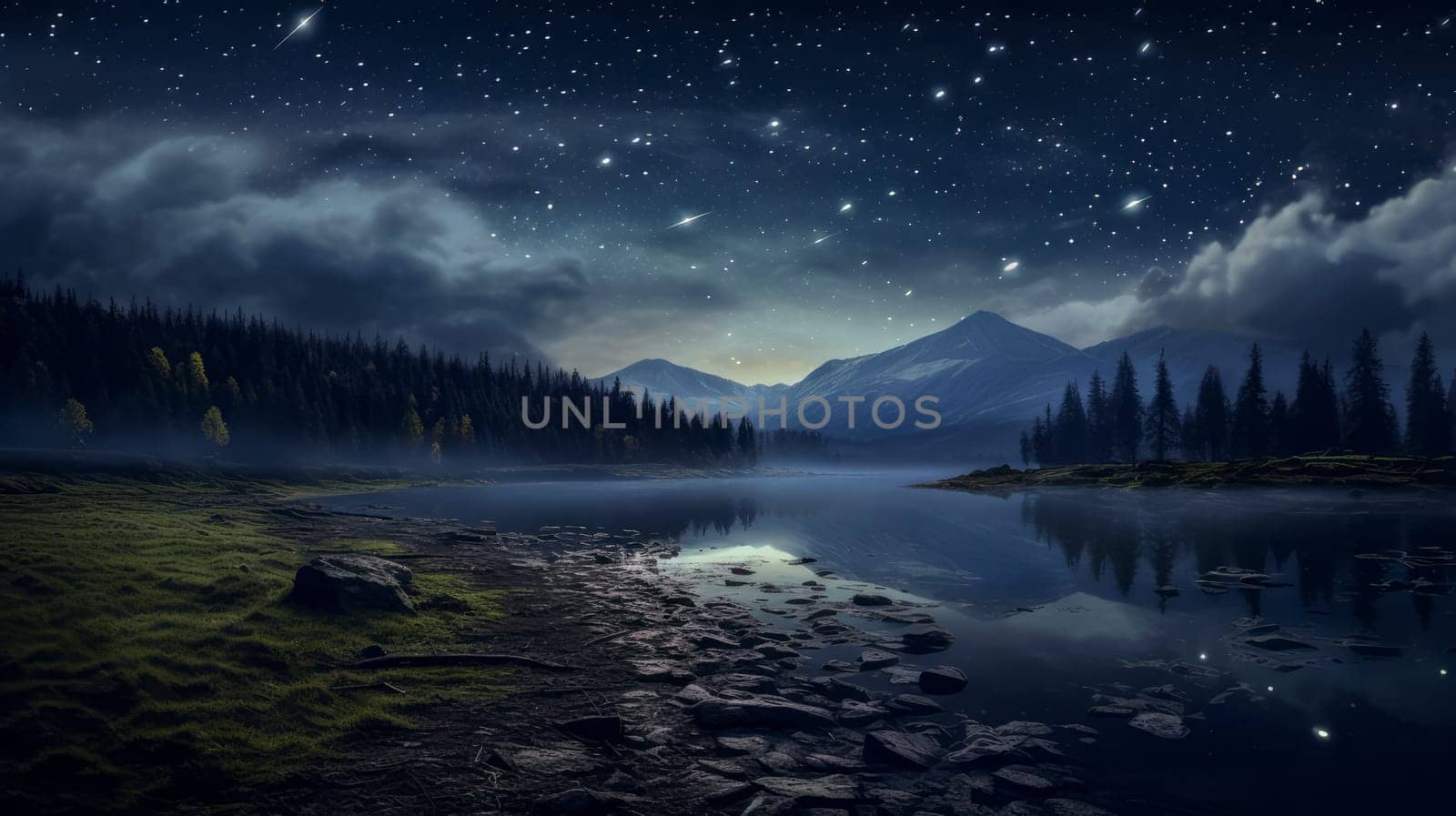 Beautiful night landscape with stars over the water. Beautiful Milky Way in the sky on a summer day by Alla_Yurtayeva