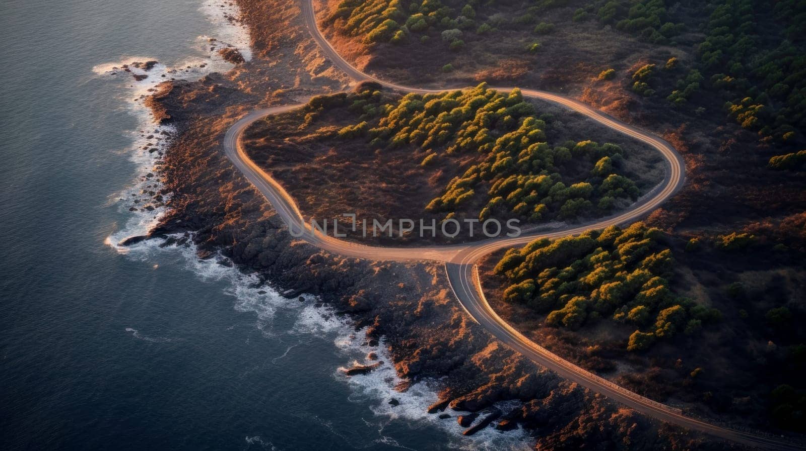 Automobile road among the forest, sea and rocks. Beautiful landscape, picture, phone screensaver, copy space, advertising, travel agency, tourism, solitude with nature, without people