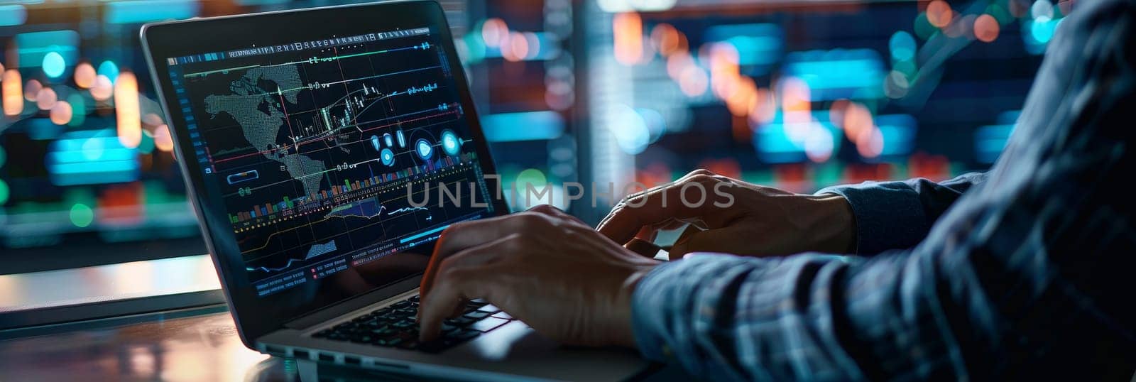 A man is typing on a laptop computer with a screen displaying a map of the world by AI generated image.