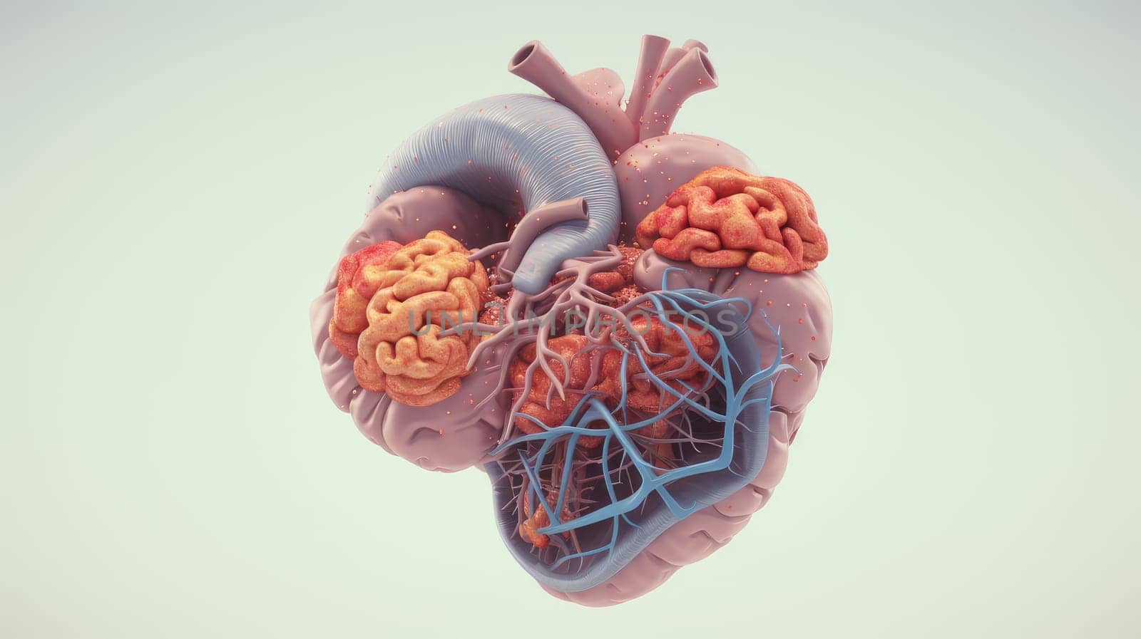 Anatomical model of the human body and organs. Part of a human body model with organ system. 3D modeling in the field of internal organ transplantation. Technologies in medicine and scientific research of the body, the study of human internal organs