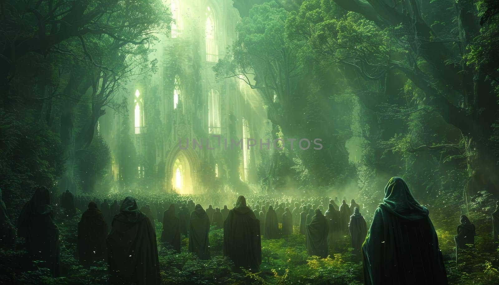 A group of people are walking through a forest by AI generated image by wichayada