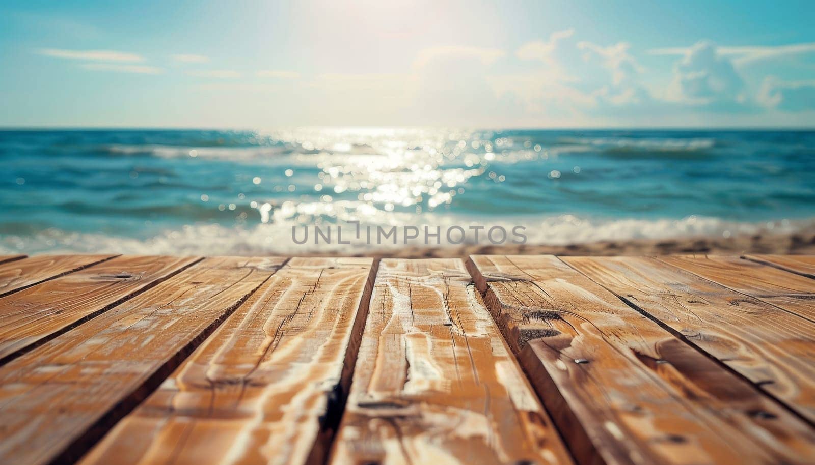 A wooden table with a view of the ocean by AI generated image.