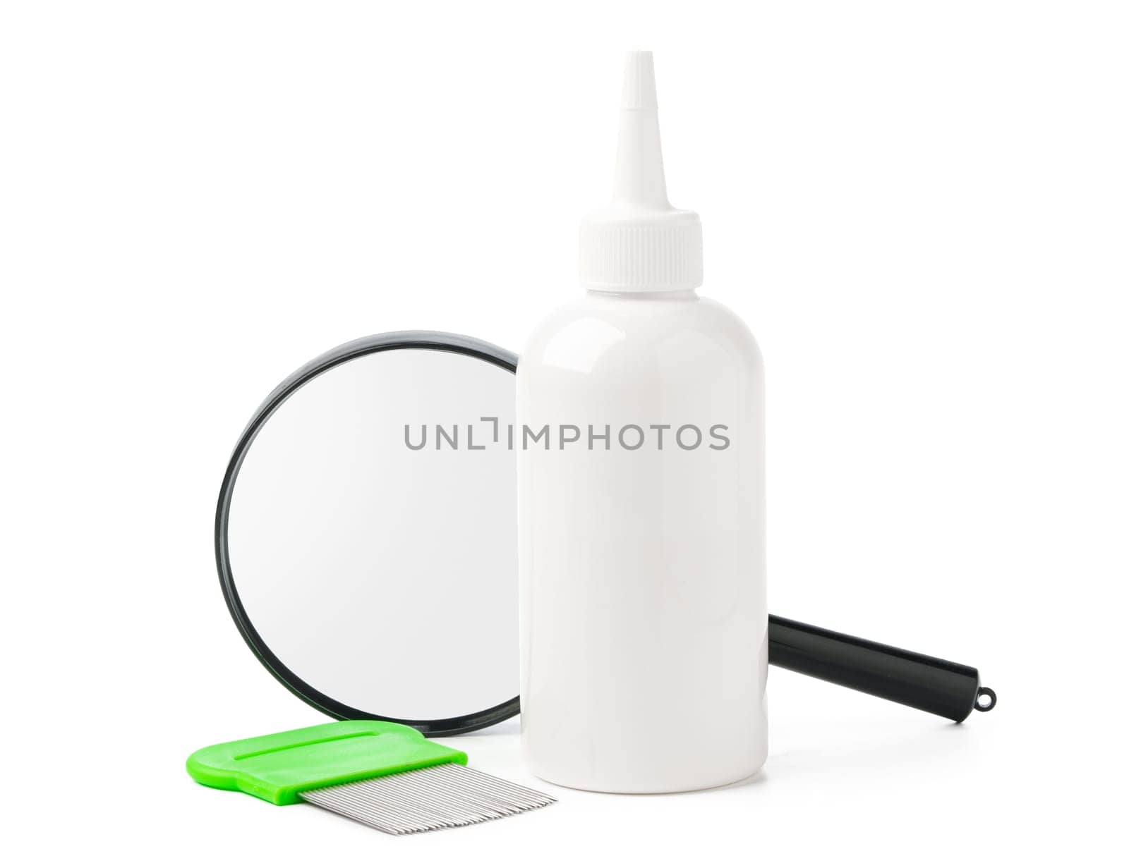 Medicine, lice comb and magnifying glass isolated on white background