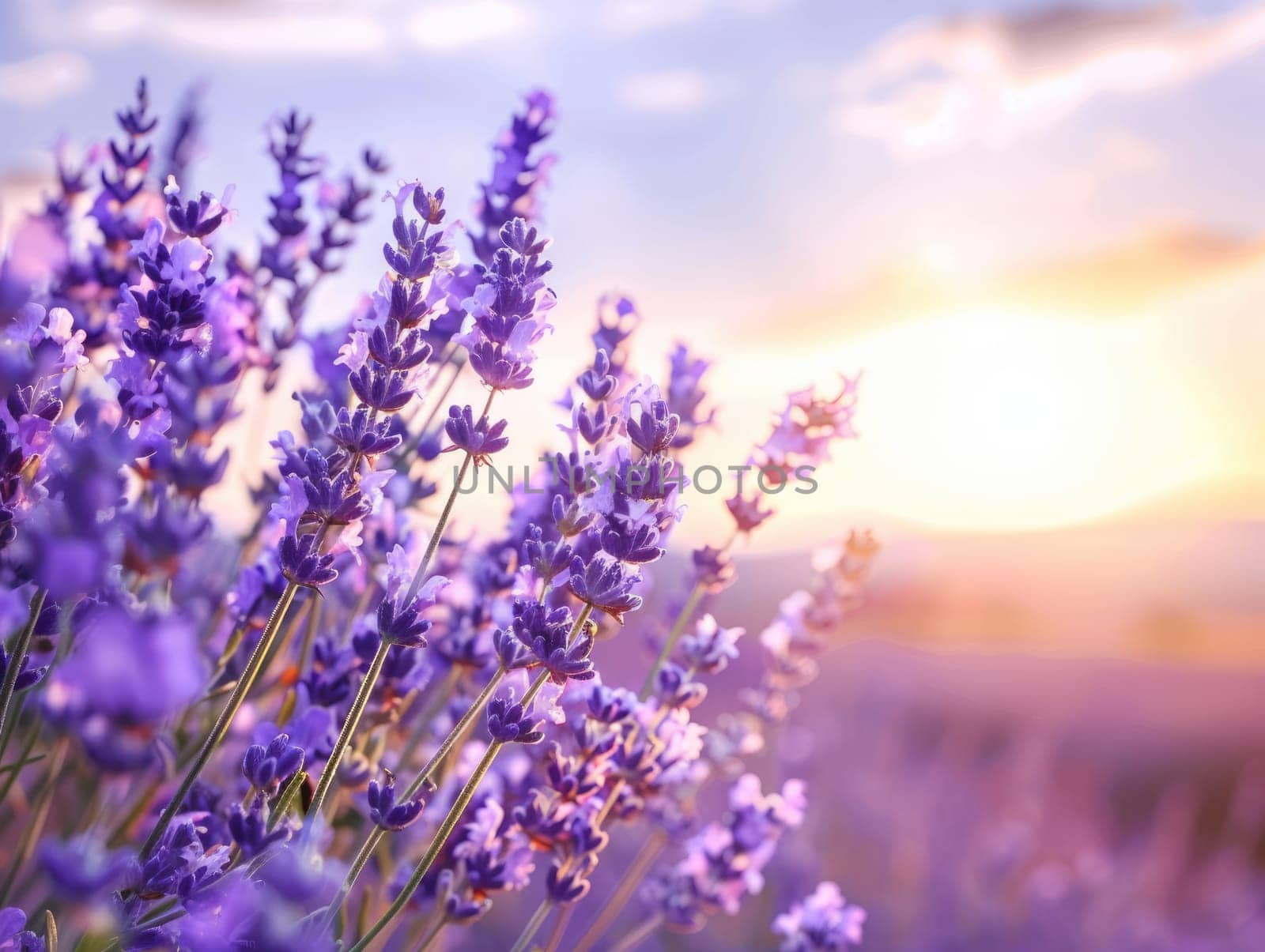 Lavender field at sunset with vibrant purple blooms against warm glowing sky. For nature themed wallpaper, relaxation and wellness concepts, with copy space for text. Ai generation. by Lunnica