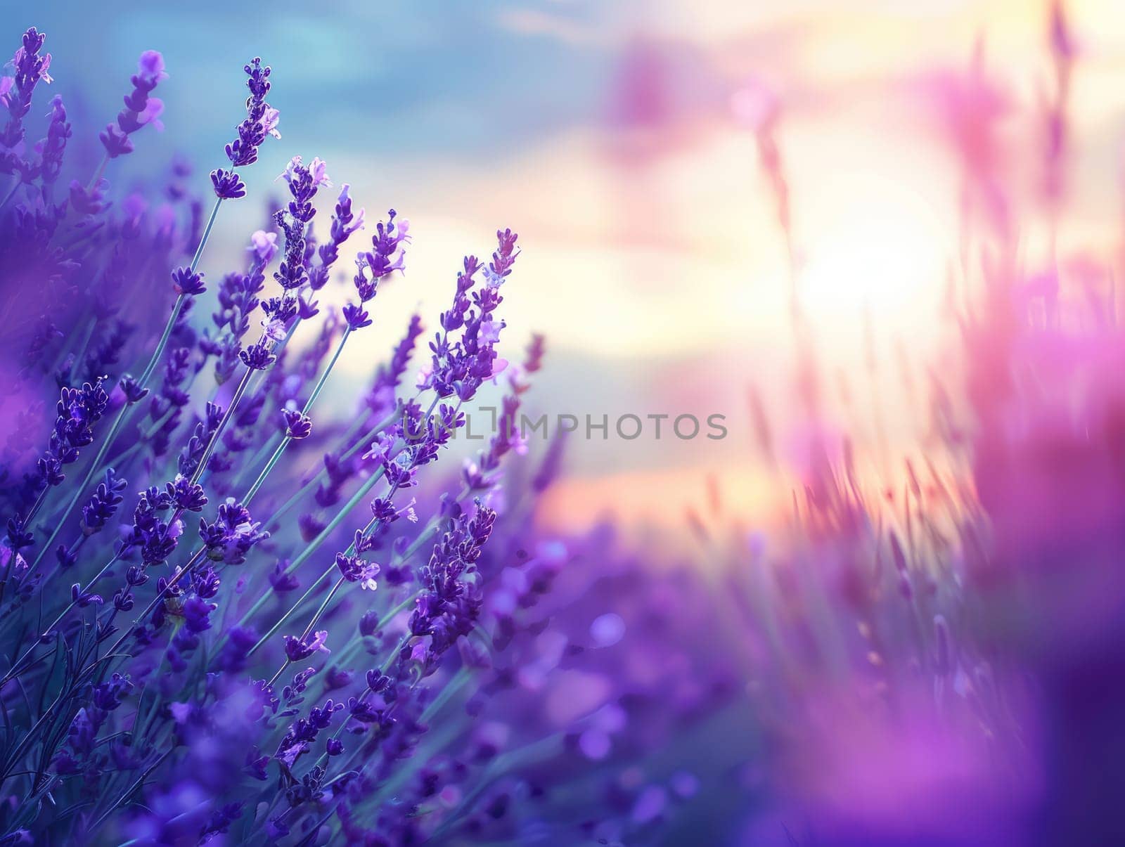Lavender field in bloom at sunset, vibrant purple tones with soft bokeh for design and print. Relaxation, aromatherapy, and natural beauty concept with copy space. Ai generation. High quality
