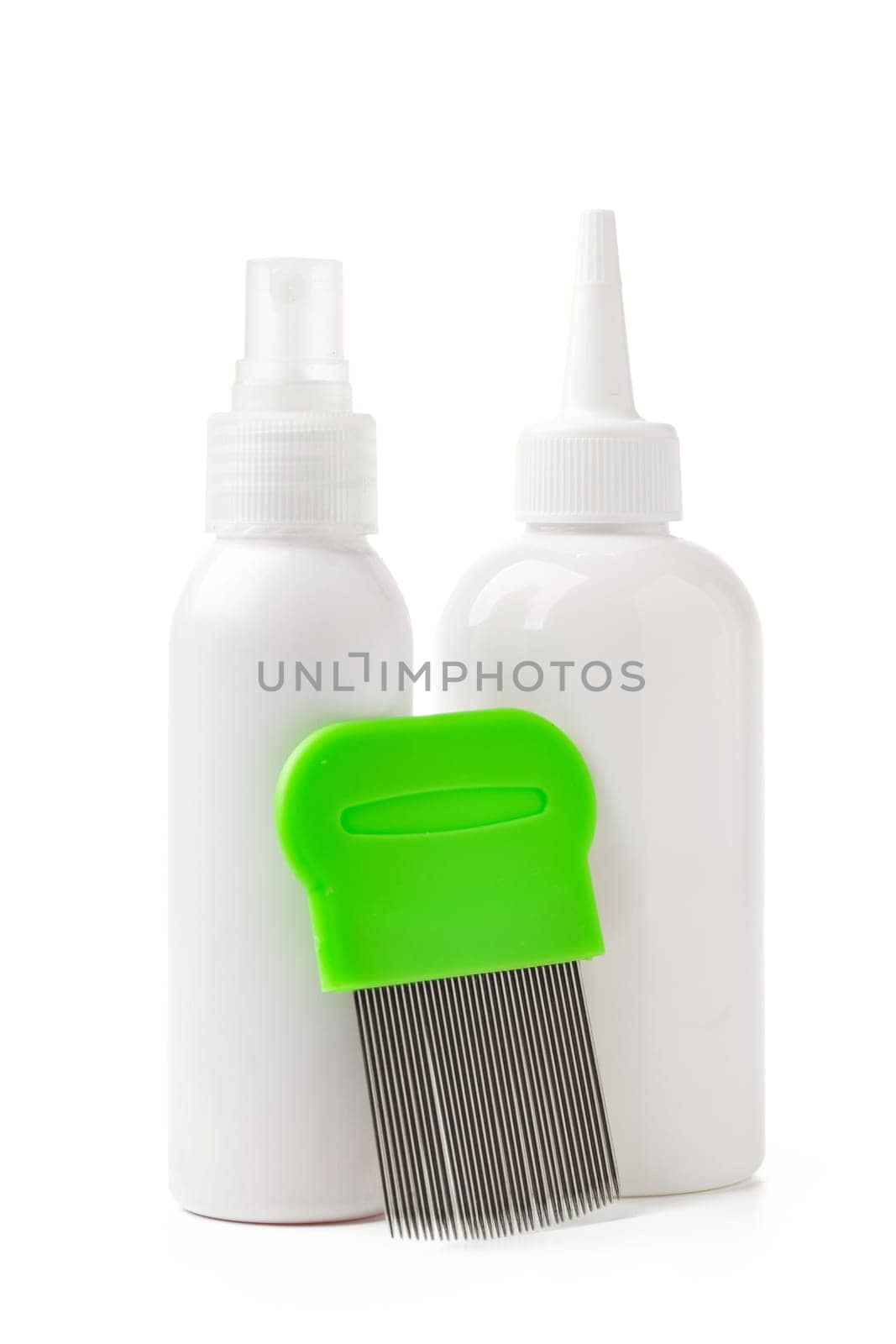 Cosmetic products and lice comb isolated on white background close up