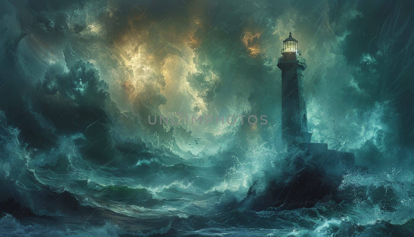 A lighthouse is shown in the foreground of a stormy ocean by AI generated image by wichayada