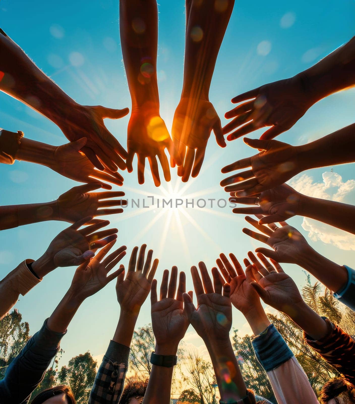 A group of people are holding hands in a circle, with the sun shining on them by AI generated image.