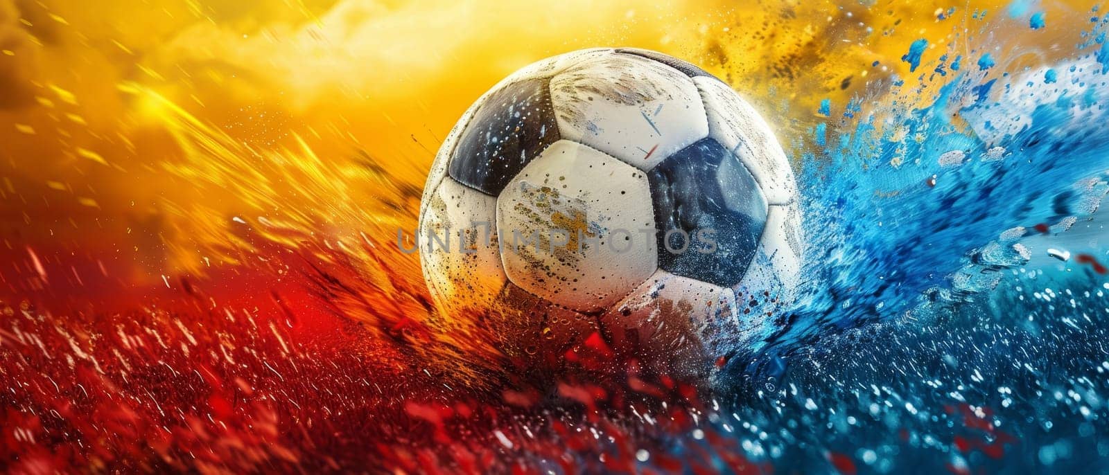 A soccer ball is in the middle of a splash of paint, with a splash of red, blue by AI generated image.