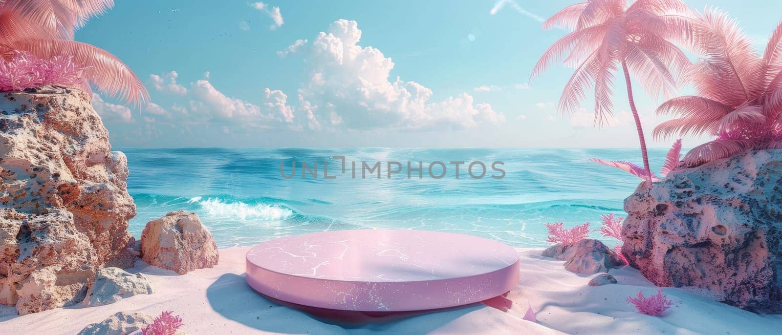 A pink beach scene with a large pink sphere on the sand by AI generated image by wichayada
