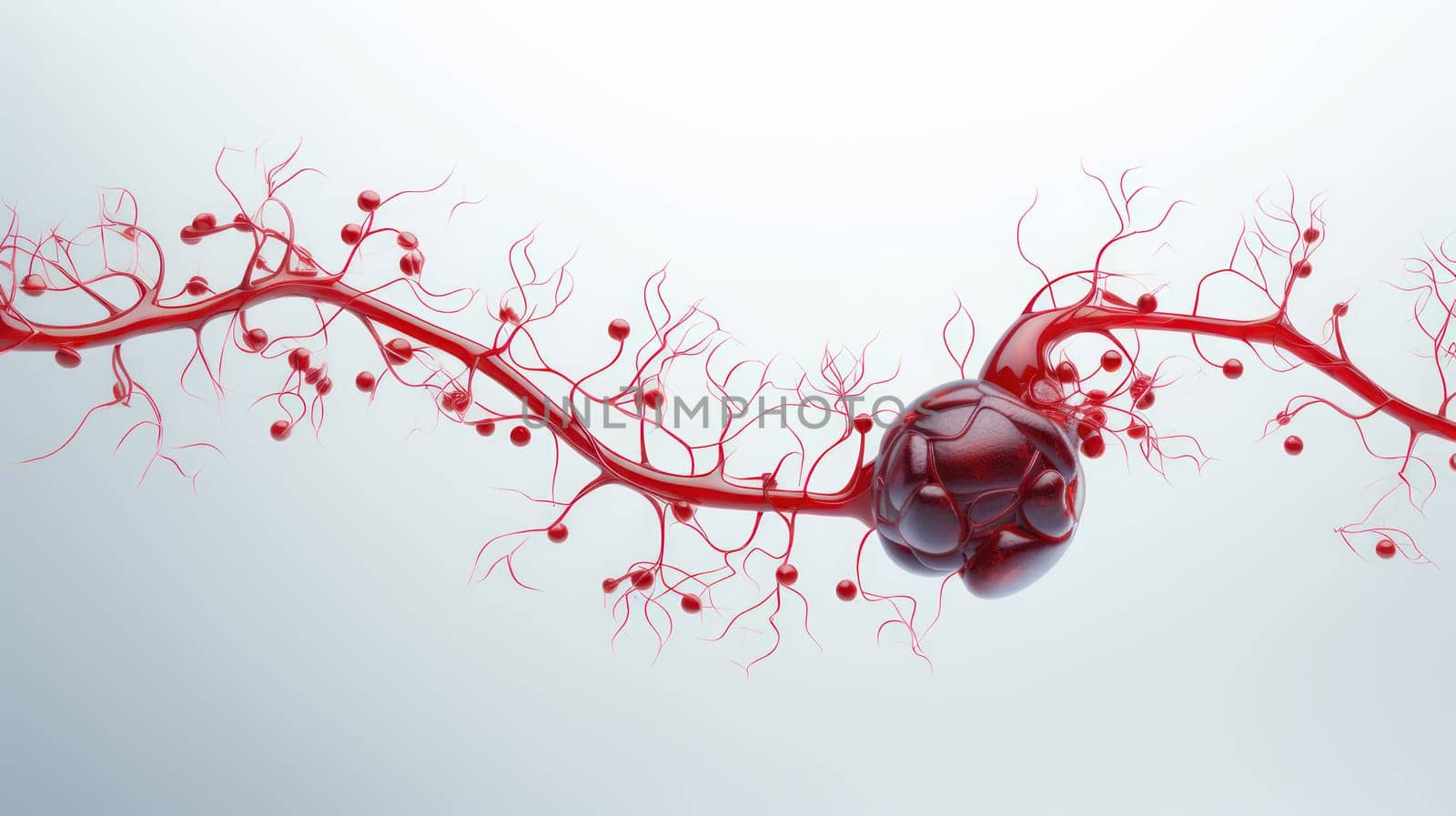 Human circulatory system, showing the nervous system and blood vessels. 3D modeling in the field of internal organ transplantation. Technologies in medicine and scientific research of the body, the study of human internal organs