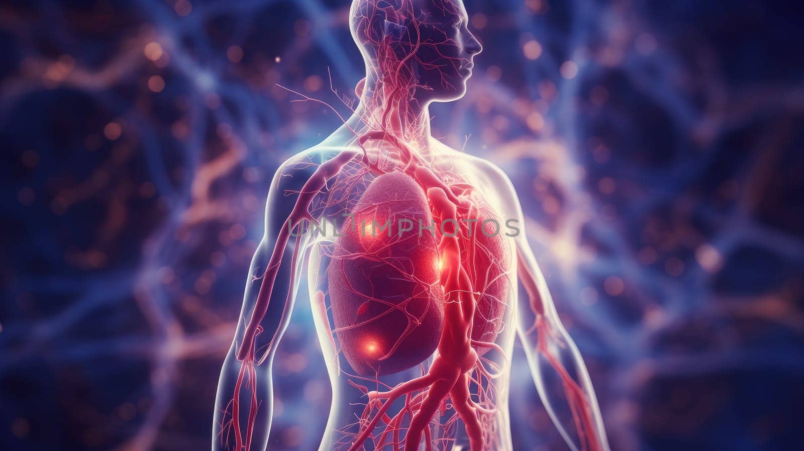 Human circulatory system, showing the nervous system and blood vessels. 3D modeling in the field of internal organ transplantation. Technologies in medicine and scientific research of the body, the study of human internal organs