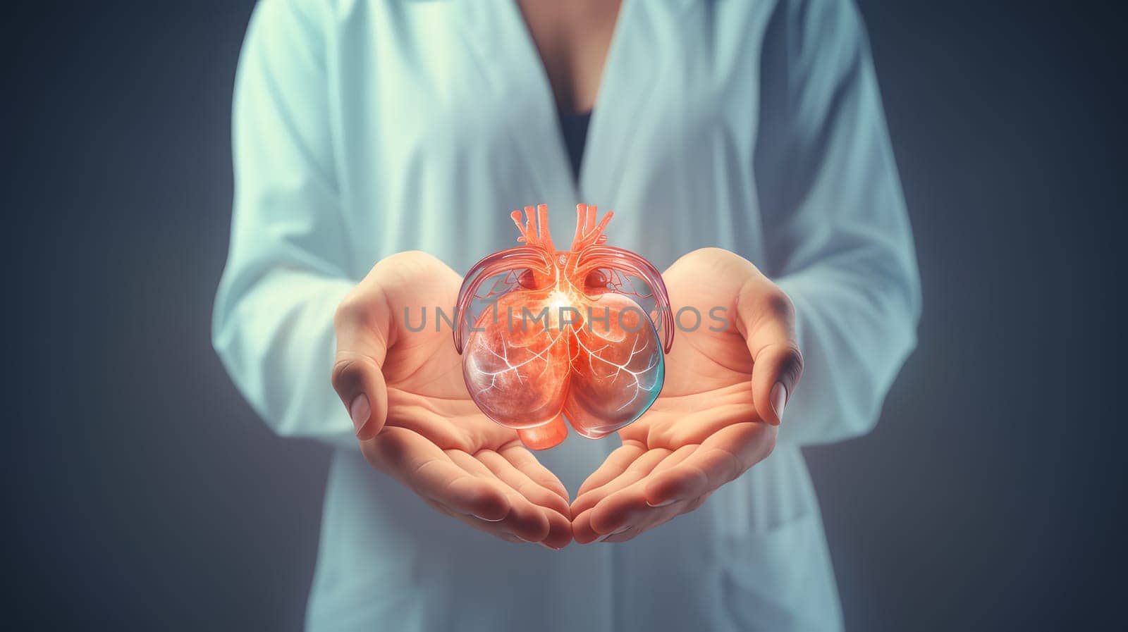Female doctor virtual touchstone human organ in hand. Blurred photo, human organ. 3D modeling in the field of internal organ transplantation. Technologies in medicine and scientific research of the body, the study of human internal organs