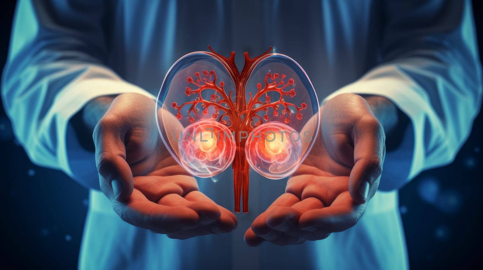 Female doctor virtual touchstone human organ in hand. Blurred photo, human organ. 3D modeling in the field of internal organ transplantation. Technologies in medicine and scientific research of the body, the study of human internal organs