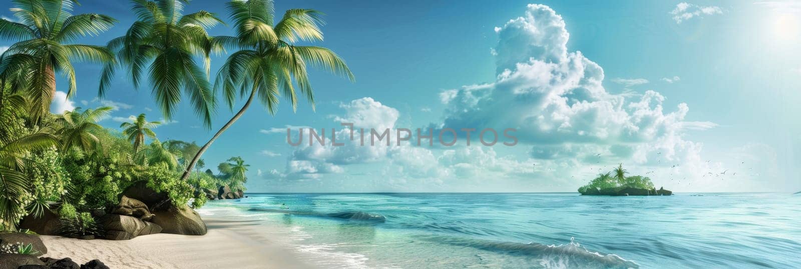 A beautiful beach scene with palm trees and a clear blue ocean by AI generated image.