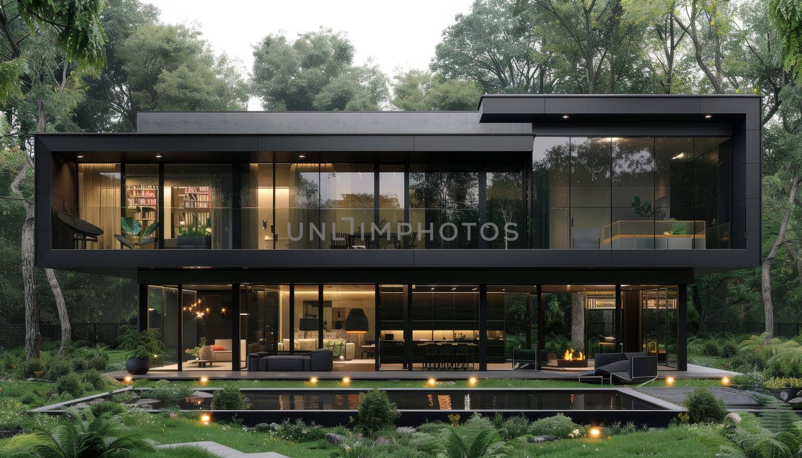 A large, modern house with a lot of glass windows and a black roof by AI generated image by wichayada