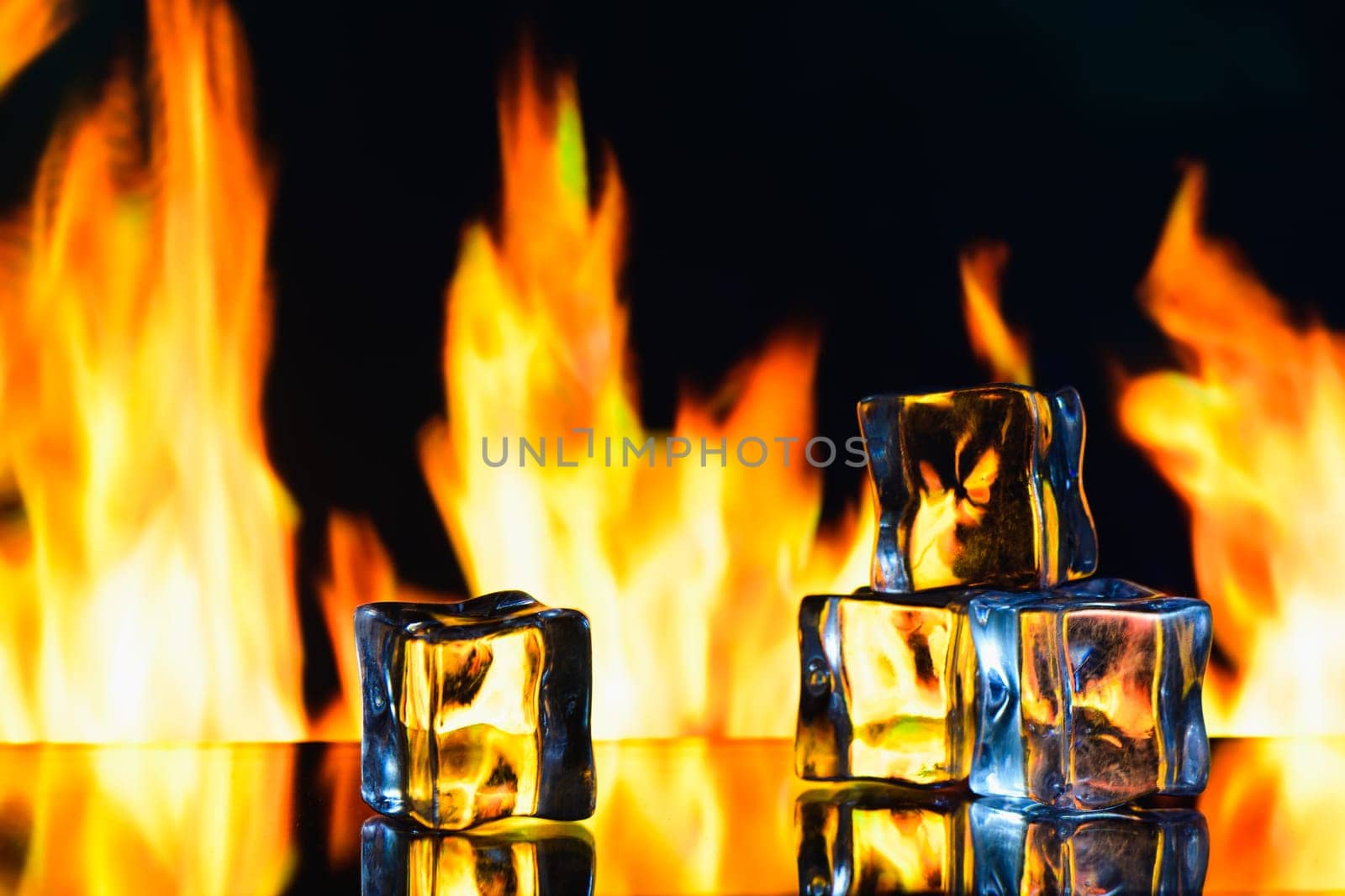 studio photo of a burning ice crystal and in a black reflective surface by Mixa74