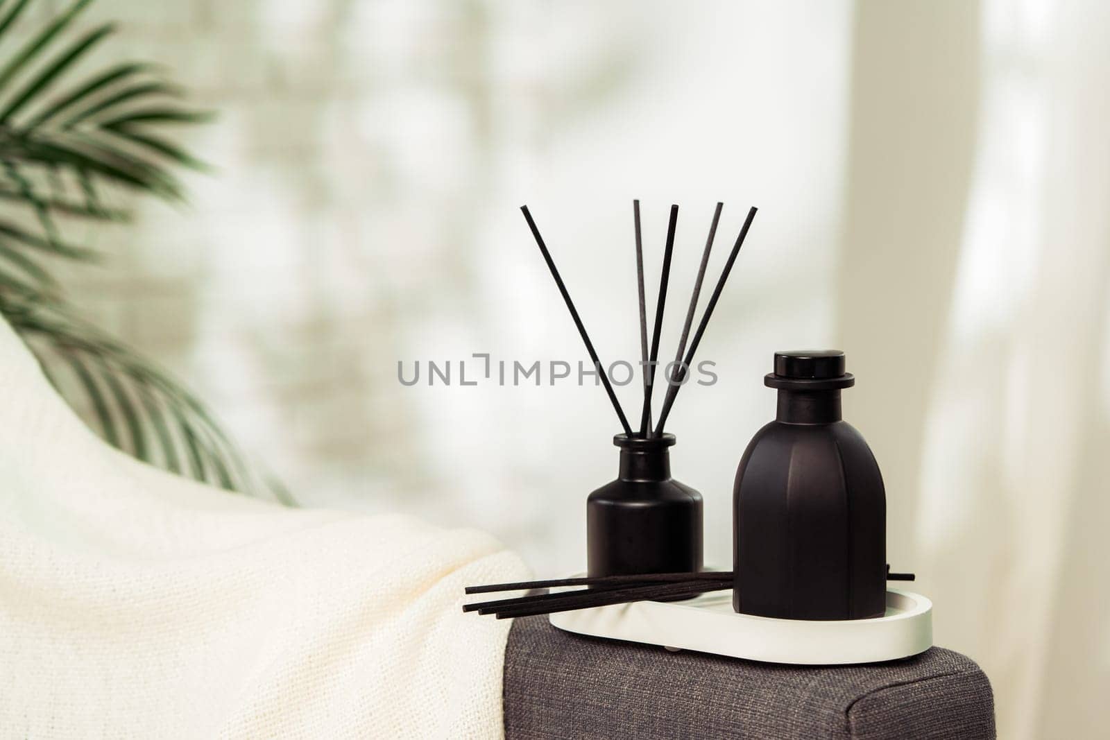Aroma diffuser bottle with sticks in living room by Fabrikasimf