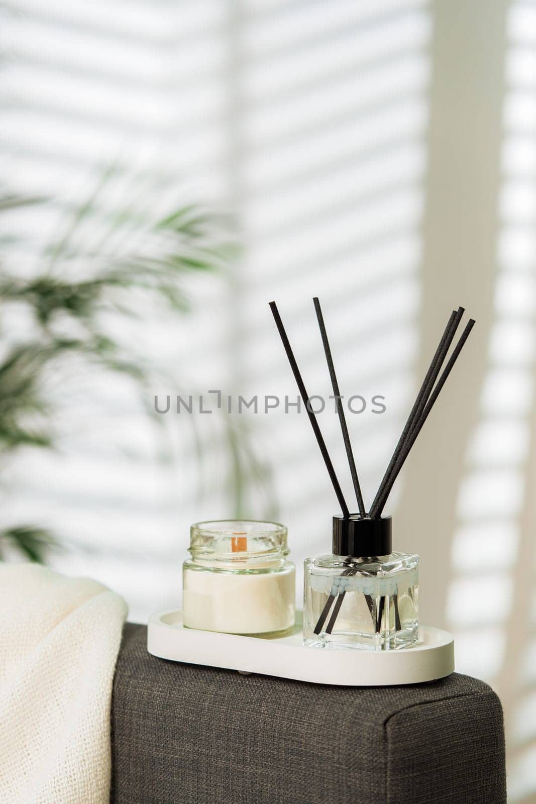 Aroma diffuser bottle with sticks in living room, close up