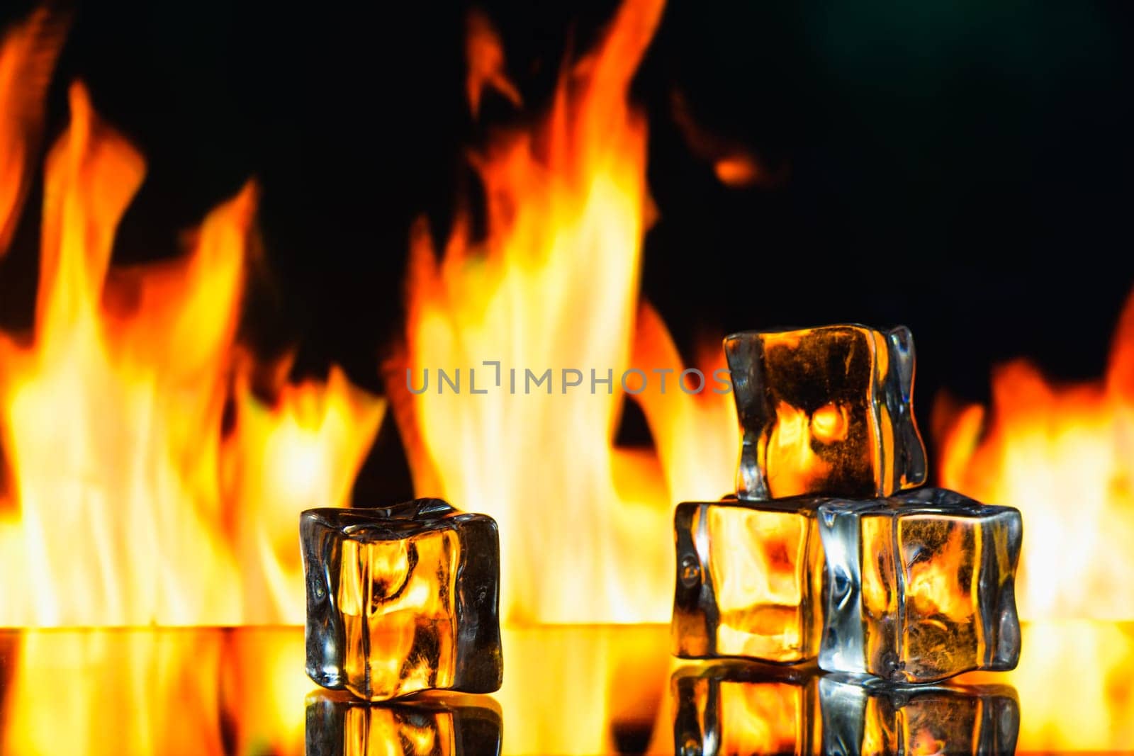 three ice cubes against the background of fire, fire and ice, place under the text 1 by Mixa74