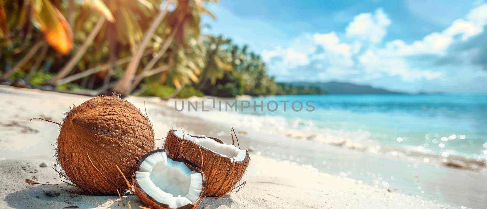 Three coconuts are on the beach, one of which is cut open by AI generated image.
