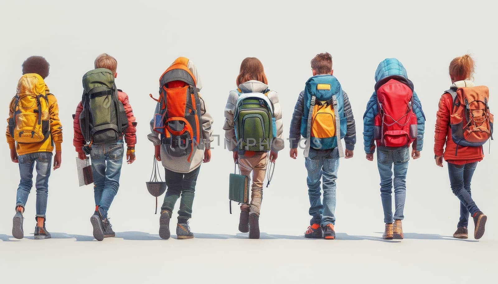 A group of children are walking in a line, each wearing a backpack by AI generated image.