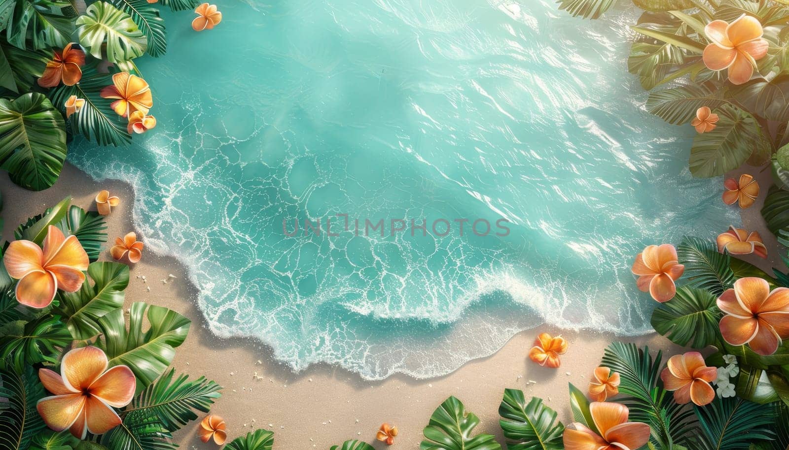 A beach scene with a large body of water and a few starfish and shells by AI generated image by wichayada