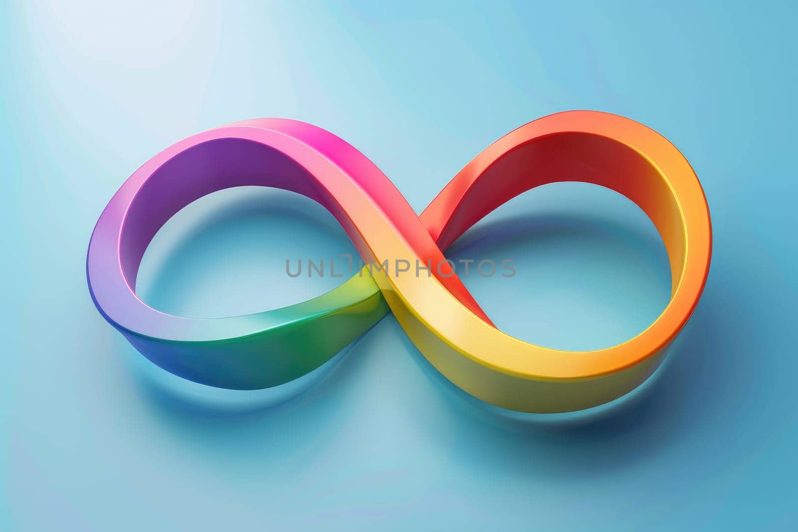 World autism awareness day background. 3D Rainbow colored infinity on blue background