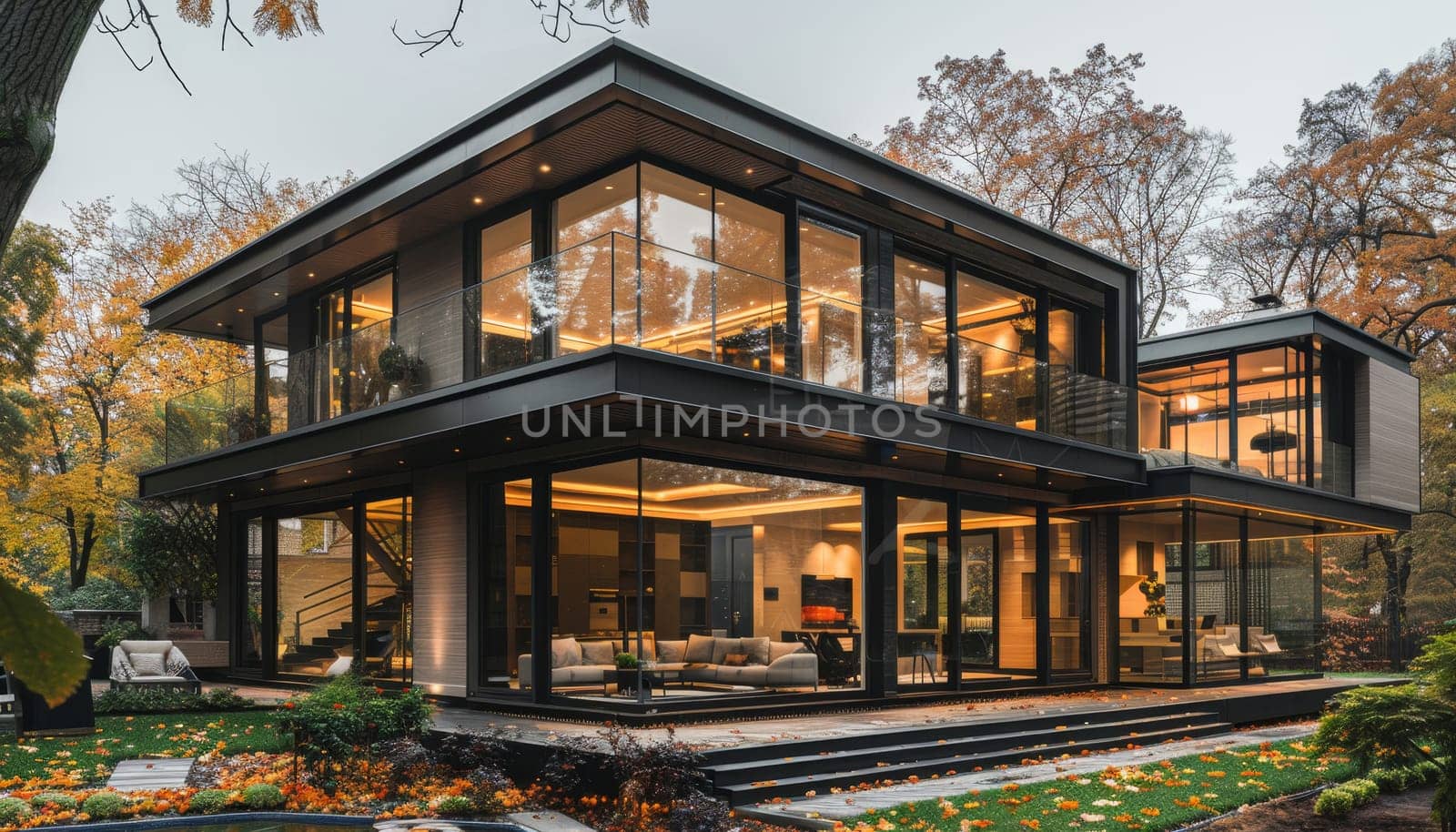 A large, modern house with a lot of glass windows and a black roof by AI generated image by wichayada