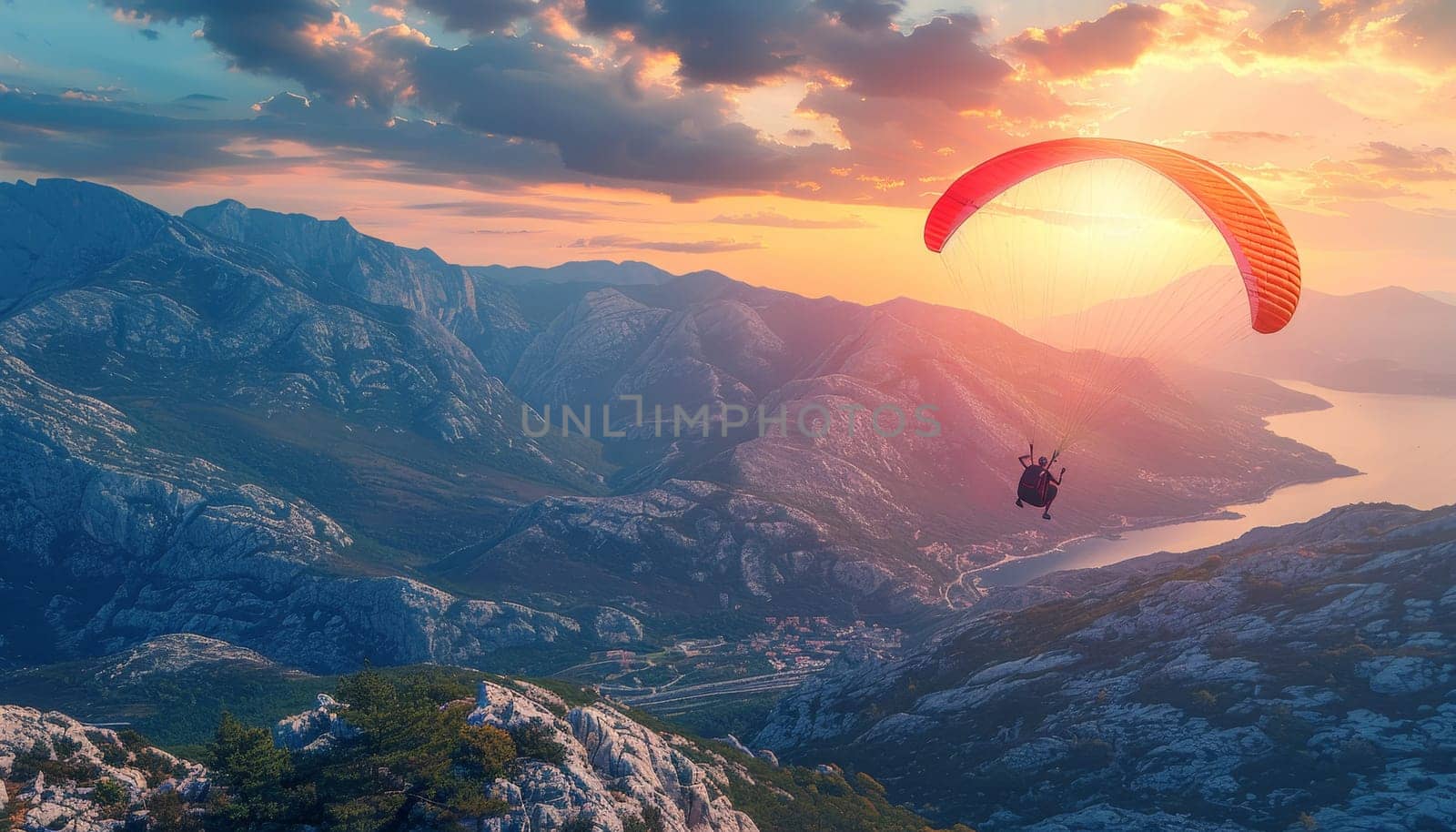 A man is flying a parachute over a mountain range by AI generated image by wichayada