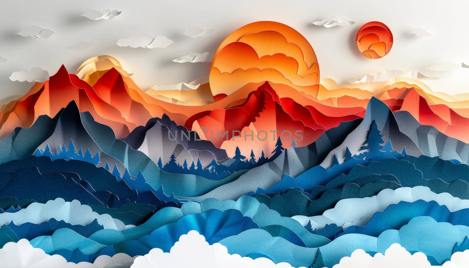 A mountain range with a sun in the sky by AI generated image.