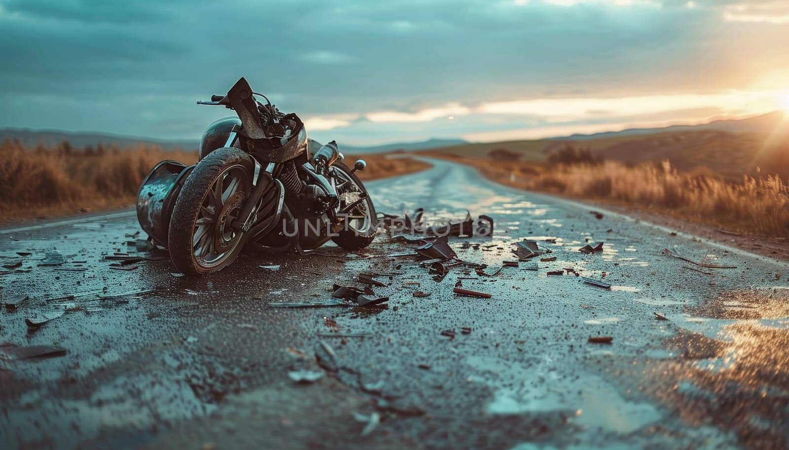 A motorcycle is laying on the road with a broken front wheel by AI generated image.