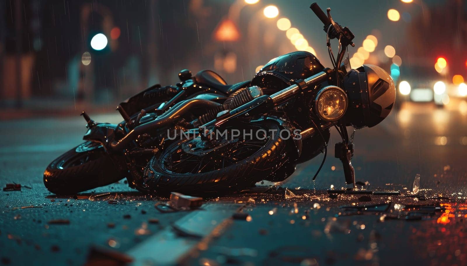 A motorcycle is laying on the road with a broken front wheel by AI generated image.