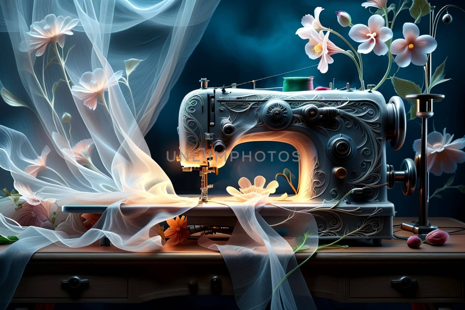 sewing machine and translucent fabric with flowers .