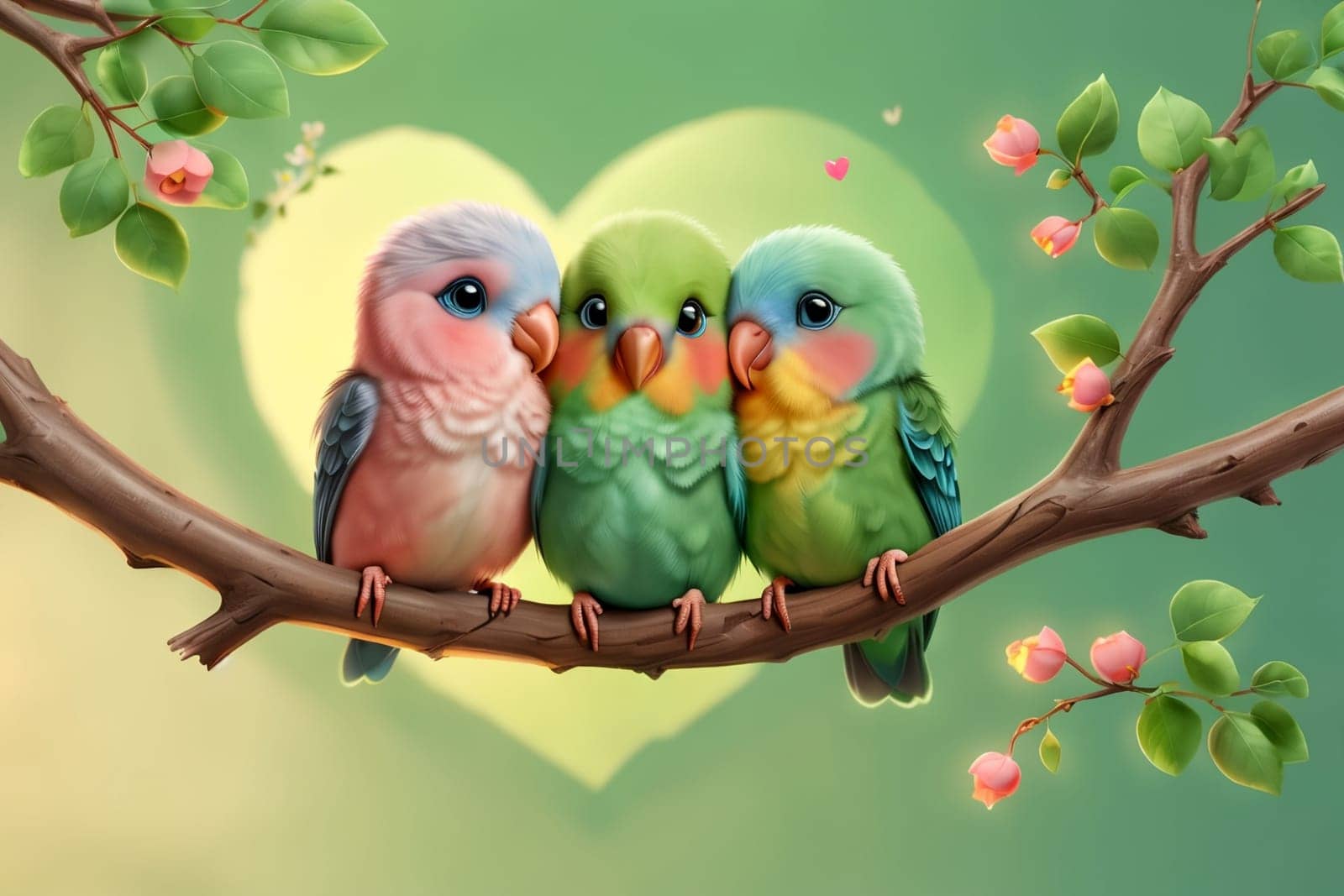 parrots in love hugging on a branch, Valentine's Day, greeting card by Rawlik