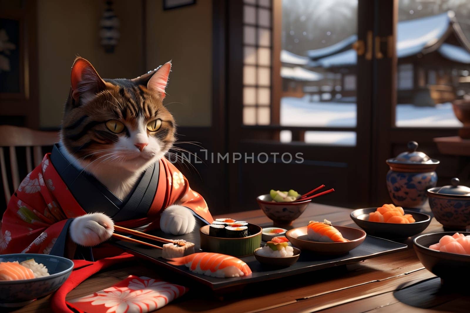 cat in a Chinese kimono prepares sushi by Rawlik