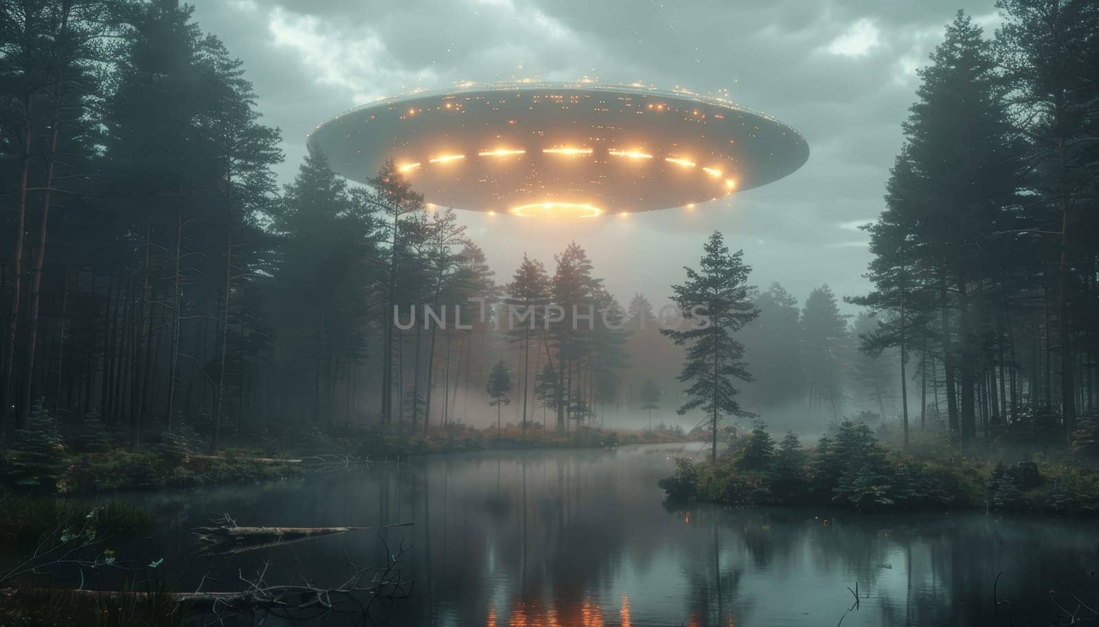 A group of alien spaceships are flying through a forest at night by AI generated image.