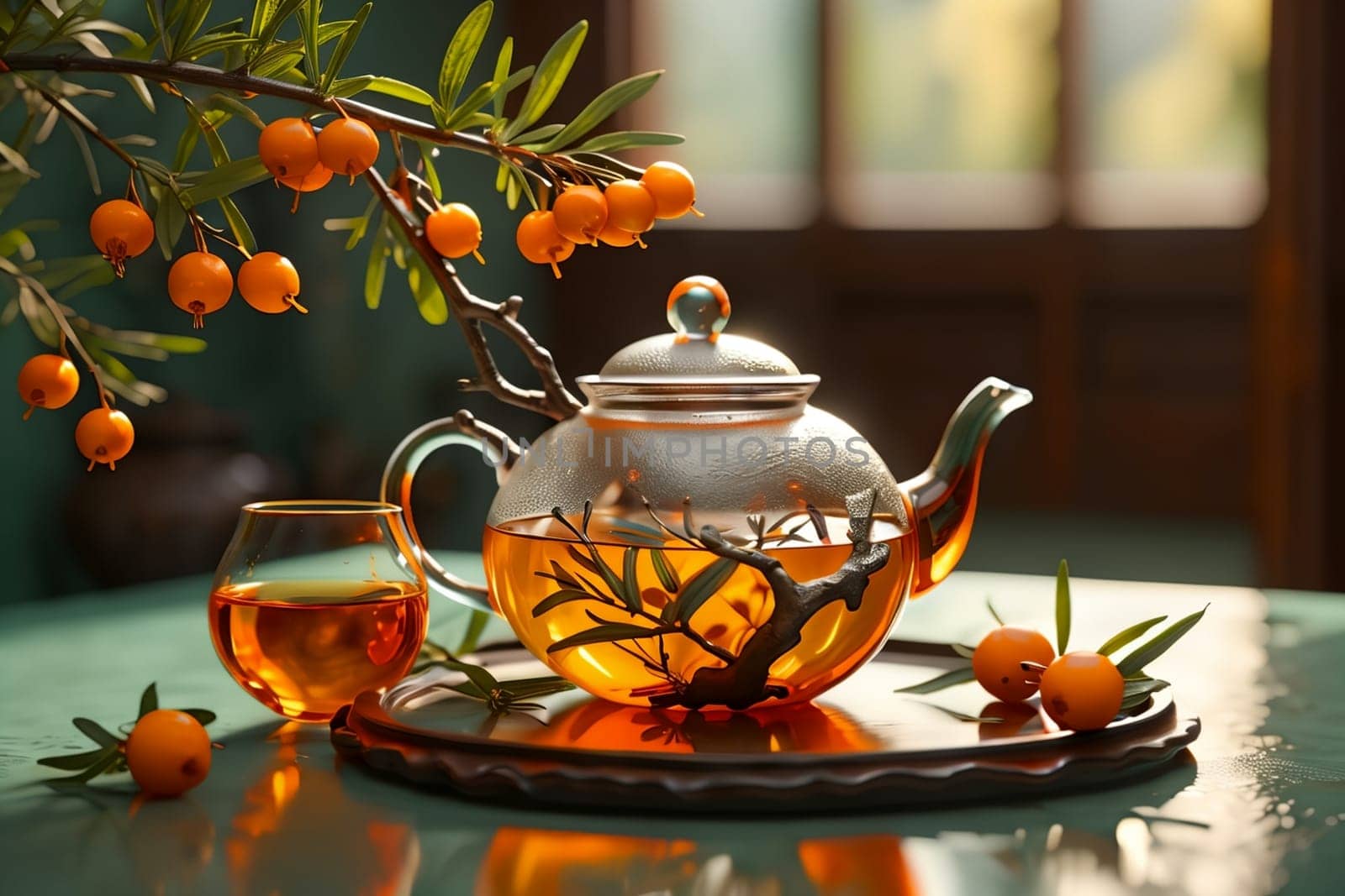 sea buckthorn tea in a glass teapot isolated on a yellow background by Rawlik